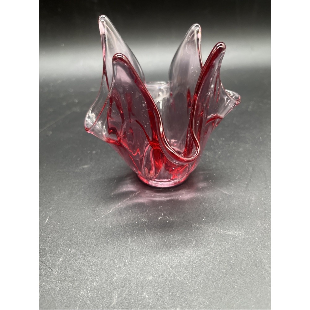 Vintage 1970s Fenton Cranberry Art Glass Star Handkerchief Dish Bowl Marked Logo
